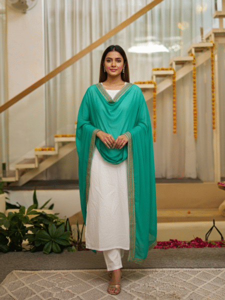 Green Moti Work Dupatta with White Cotton Suit Set