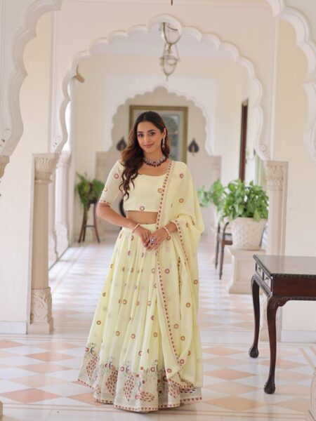 Designer Vichitra Silk Embroidered Lehenga with Rich Lace Border Dupatta