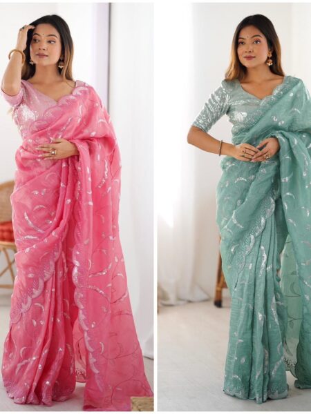 Designer Gold Crush Ready-to-Wear Saree with Embroidered Blouse