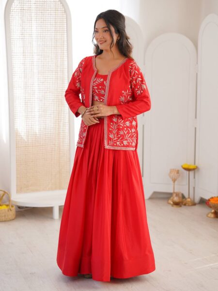 Elegant Chinon Silk Lehenga Set with Embroidered Choli & Designer Koti