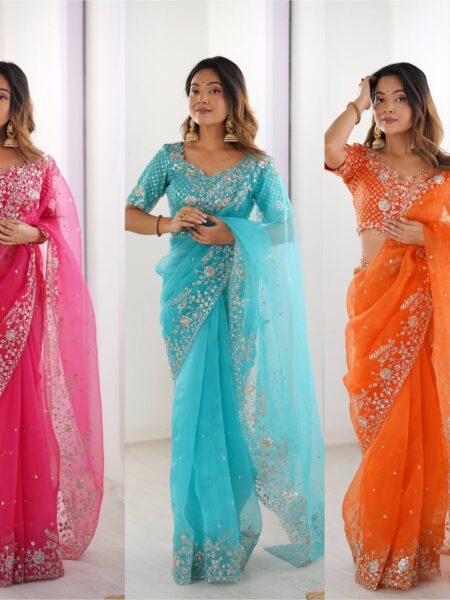 Designer Heavy Organza Silk Thread & Sequin Embroidered Saree with Blouse