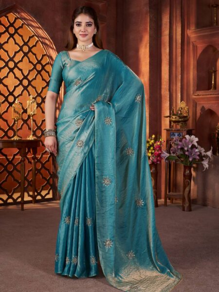 Premium Teal Satin Silk Saree with Beads & Pipe Work Butta