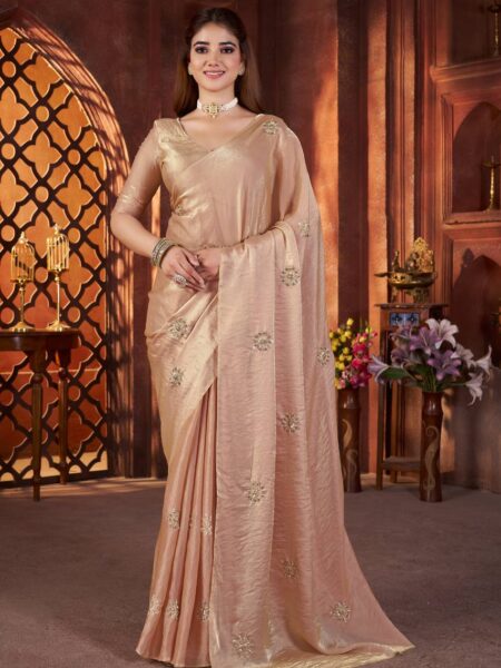 Premium Peach Satin Silk Saree with Beads & Pipe Work Butta