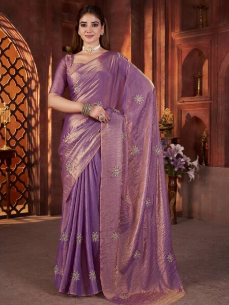 Premium Lavender Satin Silk Saree with Beads & Pipe Work Butta