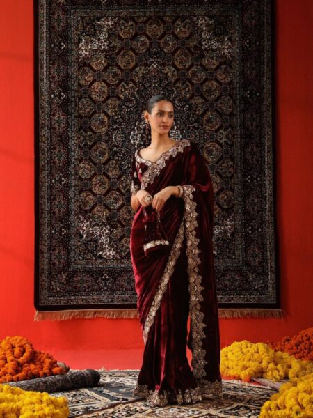 Premium Maroon Velvet Thread & Sequins Work Saree with Blouse