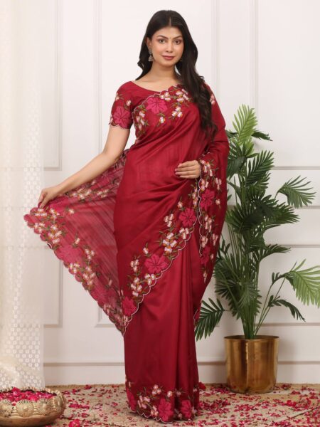 Berry Red Manipuri Silk Saree with Thread Work & Cutwork Border