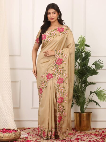 Beige Manipuri Silk Saree with Thread Work & Cutwork Border
