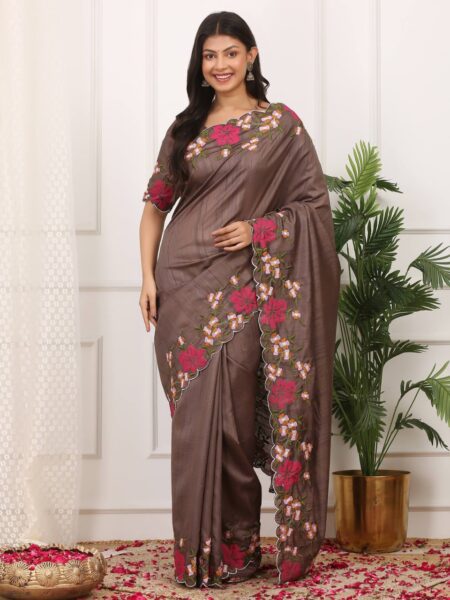 Brown Manipuri Silk Saree with Thread Work & Cutwork Border