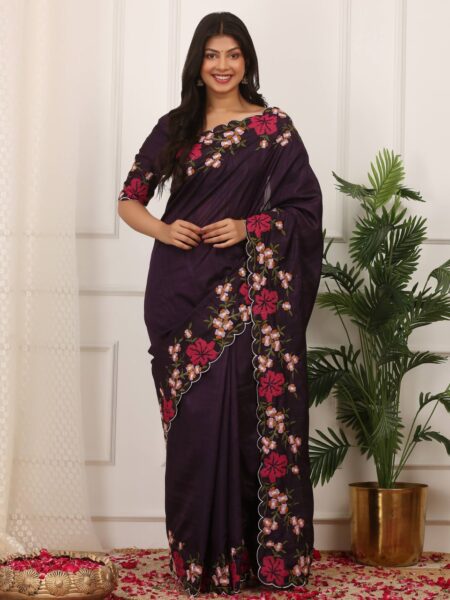 Purple Manipuri Silk Saree with Thread Work & Cutwork Border