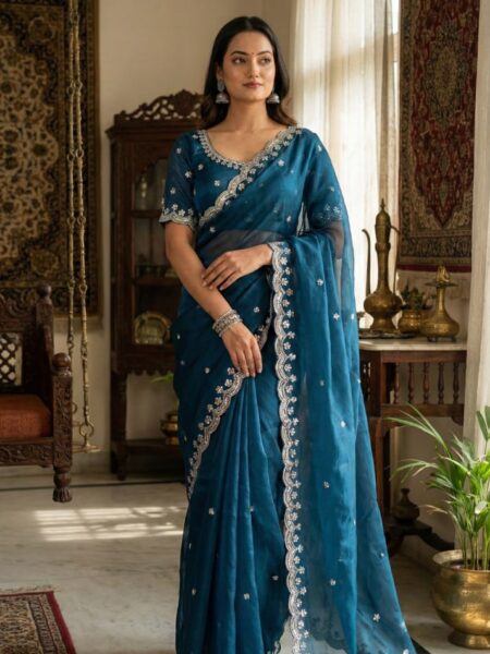 Ocean Blue Jimmy Choo Silk Saree with Real Moti & Wal Cutwork Border