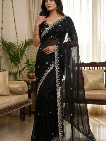 Black Jimmy Choo Silk Saree with Real Moti & Wal Cutwork Border