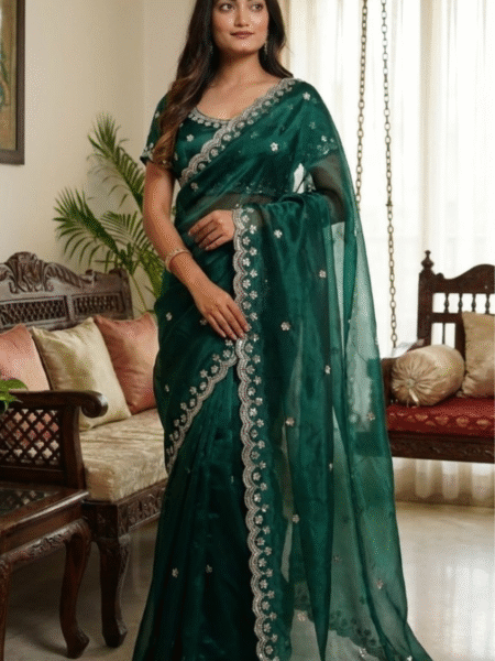 Emerald Green Jimmy Choo Silk Saree with Real Moti & Wal Cutwork Border