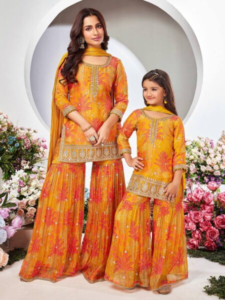 Designer Heavy Georgette Kurta Set with Embroidery & Lace Dupatta (Kids & Women)