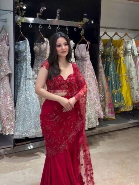 Party Wear Crepe Lehenga Saree with Sequins Embroidery and Butterfly Net Choli